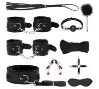 Black 10-Piece BDSM Bondage Kit for Couples Beginners Includes Handcuffs, Ankle Cuffs, Ball Gag, Collar, Blindfold, Whip, Ropes