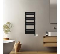 (Black, 1000x450mm) Pre-filled Electric Heated Towel Rail Radiator Flat Panel Thermostatic