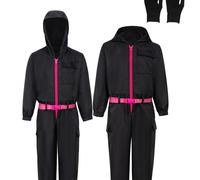 (Black, 11-12Y) Black Halloween Game Soldier for Kids - Bodysuit, Gloves & Belt Set with Clown Outfit (3pcs Workwear Jumpsuit)