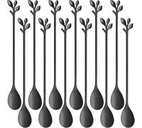 (Black) 12 Pcs Long Handle Ice Cream Scoops, 18cm Creative Black Leaf Ice Cream Scoops, Food Grade Stainless Steel, Mirror