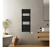 (Black, 1200x450mm) Prefilled Electric Flat Panel Heated Towel Rail Radiator Thermostatic WIFI