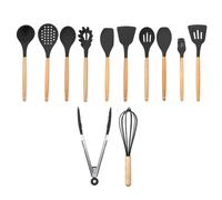 (Black) 12pcs Wooden Silicone Kitchen Utensil Nonstick Cooking Tool Spoon Soup Ladle Turner Spatula Tong Cookware Baking Gadget