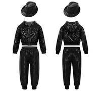 (black, 13-14 Years) Children Dancewear Suits Kids Girls Boys Shiny Sequins Clothing Sets Hip Hop Dance Stage Costumes
