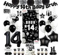 Black 14th Birthday Party Decorations - Happy 14th Bday Bruh Decoration Banner with Door Banner Hanging Swirls Balloons Cake Topper, Bruh I‘m 14 Fourteen Years Old Birthday Party Supplies for Boys