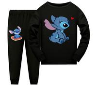 ( Black, 160/11-12 Years) Kids Stitch Cartoon Pyjamas Long Sleeve Top+Pants Nightwear Pajamas 2PCS Set