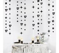 Black 17th Birthday Decorations Number 17 Circle Dot Star Garland Streamer Banner Backdrop for Girls Boys Cheers to 17 Years Old Birthday 17 and Fabulous Happy 17th Anniversary Party Supplies