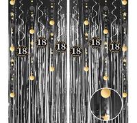 Black 18th Birthday Decorations, Tinsel Foil Fringe Curtain Backdrop & Hanging Swirls Party Decorations Set for Girls 18th Birthday Party Hanging Banner Door Tinsel Curtain Streamers