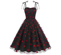 Black 1950s Dresses for Women - Elegant, Heart Print, A Line, Mesh, Tulle, Sleeveless, Spaghetti Strap, Swing, Vintage, Cocktail, Party, Wedding Guest Dress