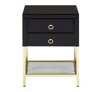 Black 2 Drawer Side Table, Gloss Finish Bedside Table With Gold Legs, Mirrored Glass Top Nightstand Premier Housewares Black One Size