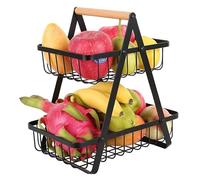 Black 2-Tier Fruit & Vegetable Basket - Wooden Handle Kitchen Storage Rack | Modern Home & Office Decoration | Multi-Purpose for Bread, Snacks & Fruits | Durable & Stylish