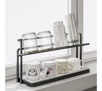 Black 2-Tier Mug & Bottle Drying Rack With Drain Tray Cup Storage Holder For Kitchen