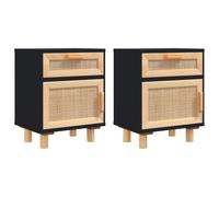 Vidaxl Bedside Cabinets 2 Pcs Black Solid Wood Pine And Natural Rattan