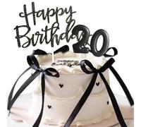 Black 20th Cake Decorations for Girls/Women Including Happy Birthday Cake Toppers with Ribbon and Birthday Candles Numbers 20 for Birthday Party Cake