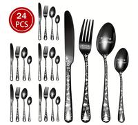 (Black, 24pcs-6 servings) Merry Christmas Stainless Steel Flatware Set - Includes Dining Knife, Fork, Spoon & Dessert Spoon with Festive Snowflake Design
