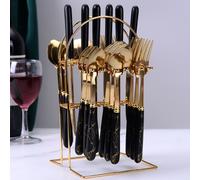 (Black) 24pcs Cutlery Dinner Set Stainless Steel Metal Tableware Forks Tea Spoons Silver