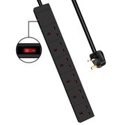 (Black, 2M) 6 Way Extension Leads with Cable 3G1.25, with Switch, Child-Resistant Sockets