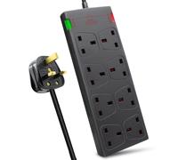(Black, 2M) 8 Way Socket with Cable 3G1.25, with Power Indicater, Child-Resistant Sockets, Surge Indicator
