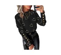 (Black, 2XL) Round Neck Shirt Heart Print Long Sleeve Blouse for Women Round Neck Loose Button Decor Shirt Soft Breathable Ol Commute Style