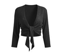 Black 3/4 Sleeve Bolero Cardigans for Women Tie Front Cropped Lightweight Cardigan - V-Neck Breathable Shrug Solid Colour Summer Jackets for Daily Casual Wear Office Beach Travel Cover Up