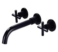 Black 3-Hole Wall-Mounted Basin Faucet, Solid Brass Construction, Concealed Installation, Double Cross Handles, Stylish Bathroom Tap for Modern Decor