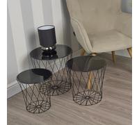 Black 3 Piece Nesting Table Set Glass Mirrored Top Side