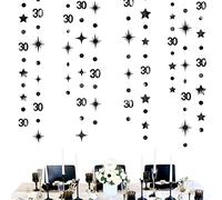 Black 30th Birthday Decorations Number 30 Circle Dot Twinkle Star Garland Metallic Hanging Streamer Bunting Banner Backdrop for Mens Womens Happy Dirty 30 Year Old Thirty Anniversary Party Supplies