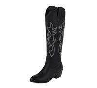 Black,35,Women Western Cowboy Boots, Pointed Toe Embroidered Wide Calf Knee High Boots, Pull On Chunky Block Heels Dress Tall Boots for Ladies