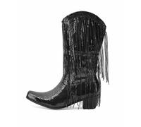 Black,37,Womens Knee High Fringe Cowboy Boots, Fashion Square Toe Metallic Tassel Mid-Calf Nightclub Boots, Sparkly Sequin Chunky Block Heel Party Western Boots