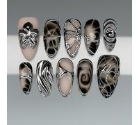Black 3D Chrome Press On Nails Short Almond Shape Abstract Patterns - Medium Length Glossy Silver Metallic Floral Manicure Set with Swirls and Geometric Designs for Women, Reusable False Nails Kit