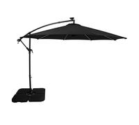 Black 3m LED Cantilever Parasol Banana Hanging Umbrella & Square Base Garden Sun Shade Canopy Patio Outdoor UV Protection Winding Crank 104 Solar Power Lights Cool White 8 Ribs Waterproof Rain Cover