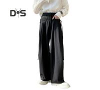 (black, 3XL) Men Pants Solid Color Ice Silk Oversized Wide Leg English Style Deep Crotch with Pockets And Ropes Zippered Trousers for Daily Home Streetwear Sports