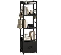 Black 4-Tier Bookshelf, Narrow Bookcase With Drawer, 8 Hooks