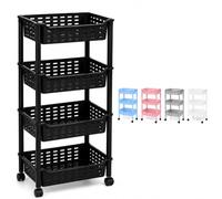 BLACK 4 Tier Rolling Storage Trolley with Wheels, Mobile Plastic Basket Organiser Cart, Multipurpose Slim Shelving Unit for Kitchen, Bathroom, Bedroom, Office and Laundry Room, Multiple Colours