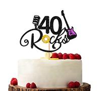 Black 40 Rocks Cake Topper, Birthday Party Cake Topper, Glitter Guitar Cake Decorations for Rock'n'Roll Theme Birthday/Forty Years Anniversary Party