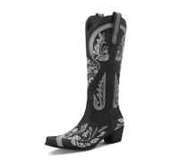 Black,41,Women's Embroidered Cowgirl Cowboy Boots, Fashion Square Toe Rhinestone Mid Calf Snip Toe Western Boot, Winter Chunky Heel Side Zipper Knee High Boot