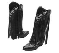 Black,42,Women's Fringe Mid Calf Cowgirl Boots, Fashion Pointed Toe Embroidered Knee High Western Boots, Winter Slip On Block Chunky Heel Country Boots
