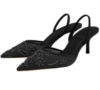 ,Black,42,Women's Stiletto Heels, Pumps Mesh Embroidered Flowers Back Strap Slingback High Heels for Dress Wedding Shoes