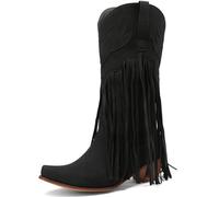 Black,44,Fringe Western Cowboy Mid Calf Boots for Women, Pointed Thick Heel Wide Calf Riding Boots, Classic Embroidered Comfortable Pull On Cowgirl Booties