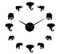 (Black, 47 inch) Jungle Animals Elephant DIY Wall Clock Home Decor Modern Design Mirror Effect Giant Frameless