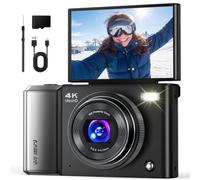 Black 4K Digital Camera: 56MP Compact Camera With Flip Screen & 16G Card | 20X Zoom - 2000 mAh Battery - Point-and-Shoot Camera With 20 Filter - The Ideal Gift for Children Teens Beginners