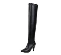 Black,5.5 UK,Womens Chunky Kitten Heel Over The Knee Boots Pointed Toe Thigh High Boot Elasticity PU Leather Pull on Wide Calf Design and Comfy