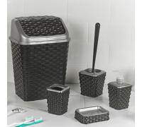 URBNLIVING 5 Pc Rattan Bathroom Bin Toilet Bowl Brush Toothbrush Soap Dispenser Holder Set (Black)