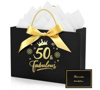 Black 50th Birthday Gift Bag, Black Gold Paper Bag with 1 Card and 2 Tissue Paper for 50 Year Old Present, Party, Birthday Decorations Supplies (20 x 10 x 28 cm)