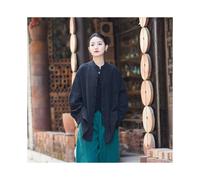 (Black, 5XL) Vintage Shirt Women New Chinese Style Frog Solid Simple Leisure Loose Comfortable Single Breasted O-neck Minimalist Autumn Wear