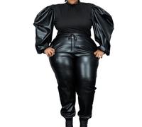 Black,5XL,Women's PU Leather Sexy Casual Sports Long Sleeve Sweatshirt Sweatpants 2-Piece Set DS Nightclub Stage Costume