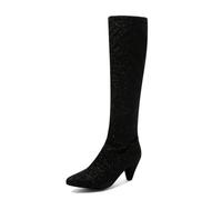 Black,6.5 UK,Womens Chunky Kitten Heel Knee High Boots Pointed Toe Long Boots Sequined Winter Fall Tall Boot Side Zipper Dress Shoes
