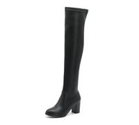Black,6.5 UK,Womens Thigh High Chunky Block Heel Over The Knee Boots Round Toe Long Boots Elasticity PU Leather Pull on Wide Calf Design and Comfy