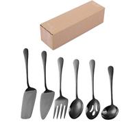(Black 6-piece Set + Box) Household Stainless Steel Communal Tableware Banquet Pizza Shovel Western Food Service Spoon Fork Leakage Hotel Self-service Utility Set