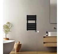 (Black, 650x400mm) Pre-filled Electric Heated Towel Rail Radiator Flat Panel Thermostatic