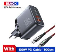 (black, 65W Plug + 100W Cable) QOOVI 65W GaN Charger USB Type C Fast Charging For Laptop Macbook Quick Charge 4.0 PD USB C Charger For iPhone Xiaomi Samsung Universal